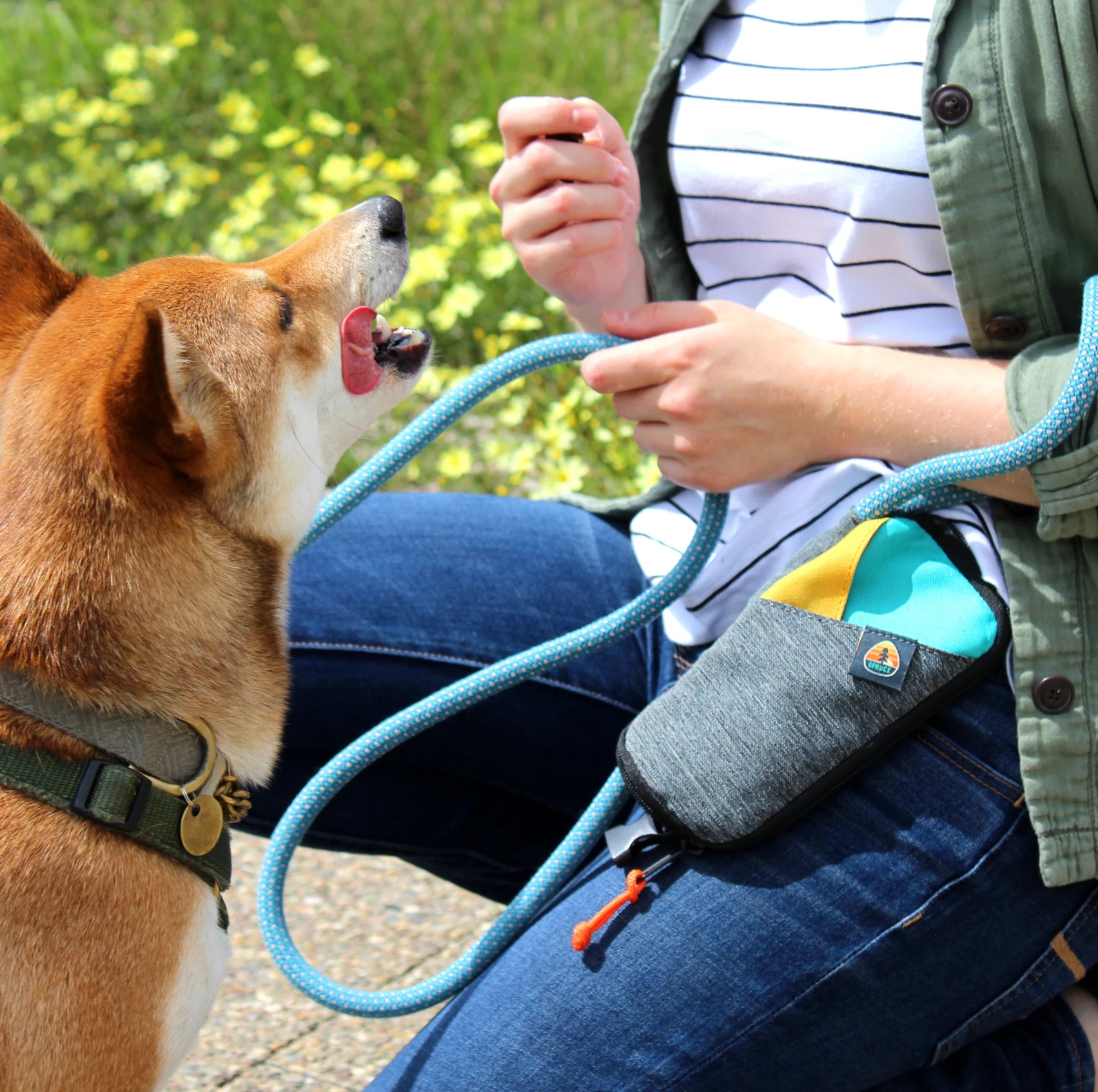 Woman and dog using Dog Leash Bag attached to Rope Leash 