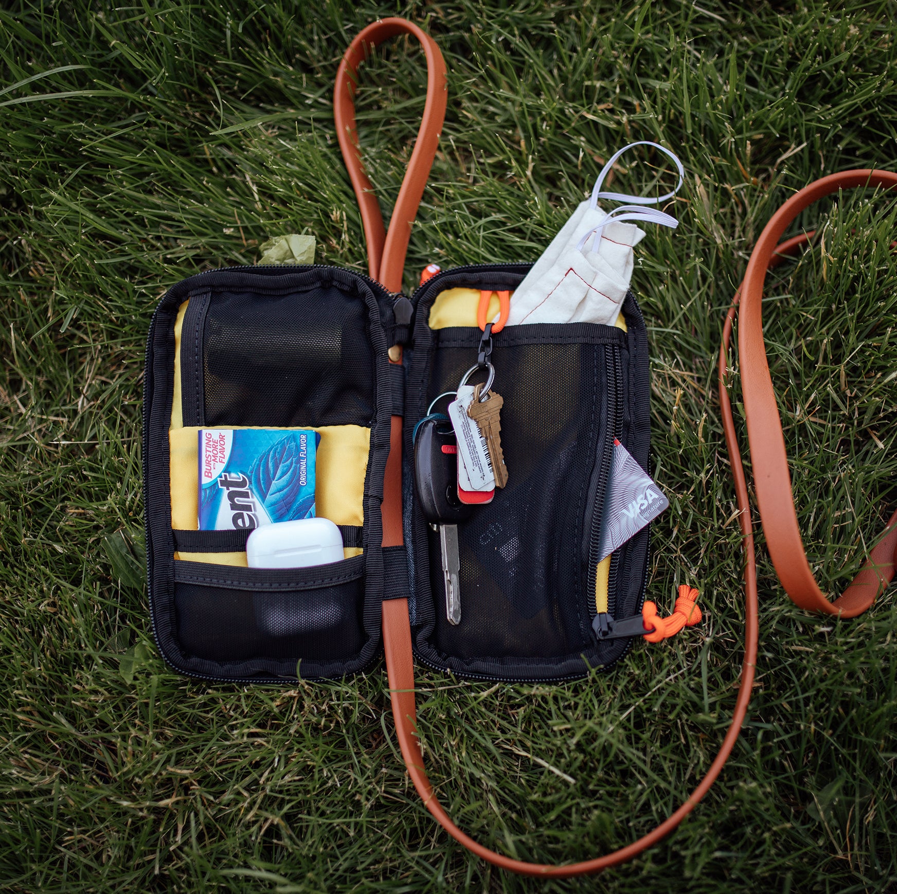 Opened Dog Leash Bag filled with dog walking essentials