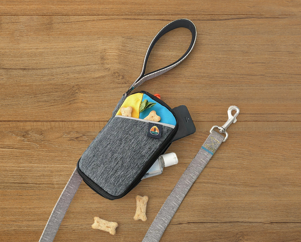 Dog walking Leash Bag attached to leash filled with treats, poop bags, and cell phone