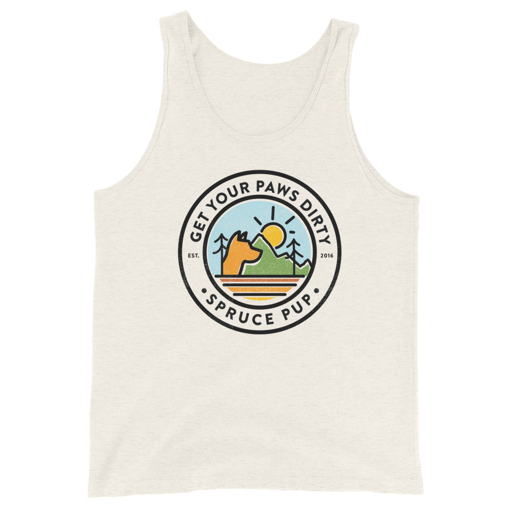 Cream tank top with circular design of dog silhouette in front of mountain