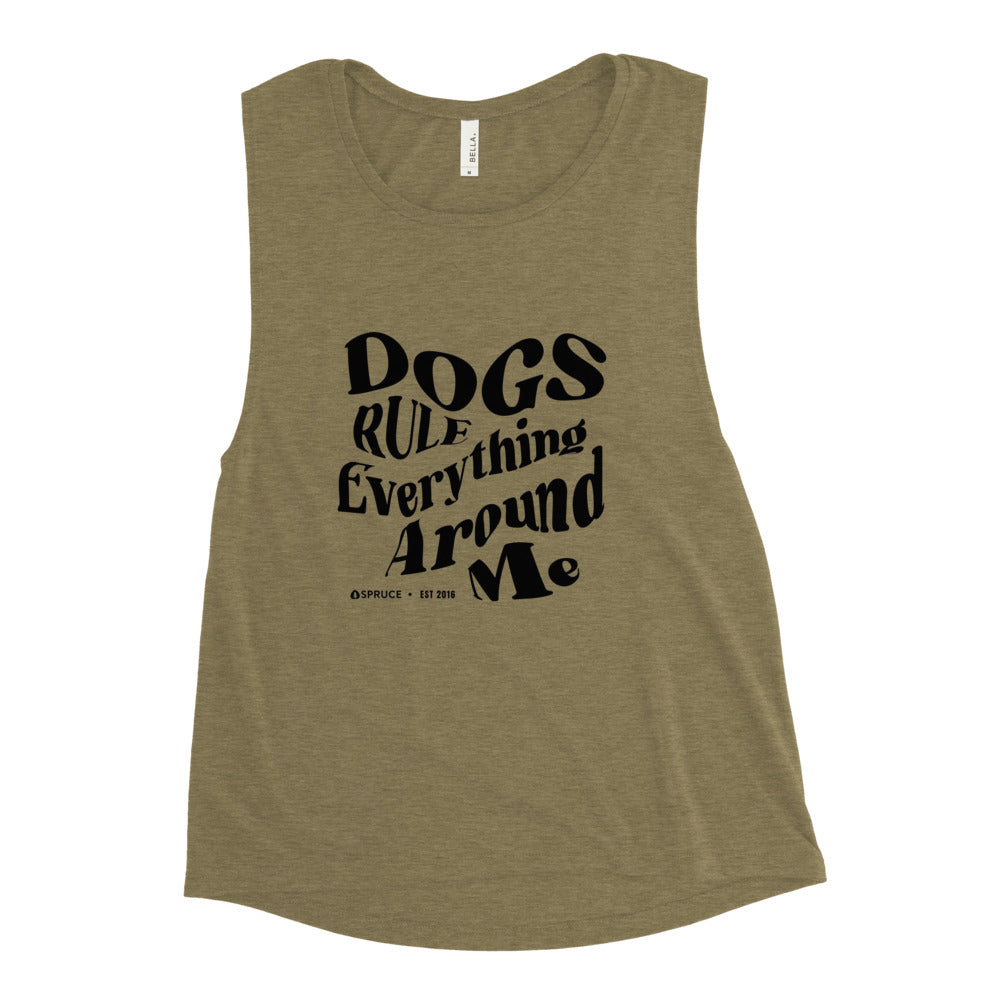 'Dogs Rule Everything Around Me' muscle tank top in olive green